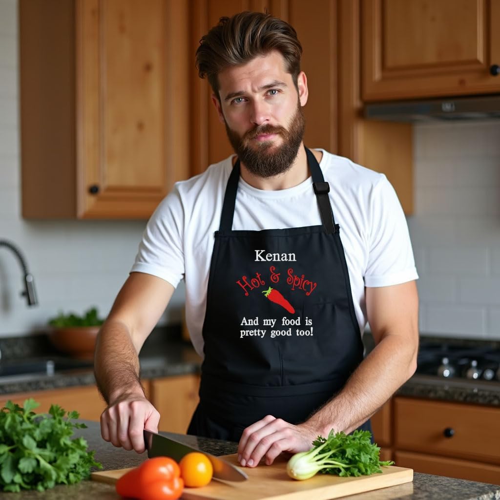 Personalized Chef Apron for Men, Custom Embroidered Design, Professional Kitchen Cooking BBQ Grilling for Dad, Decorated in USA