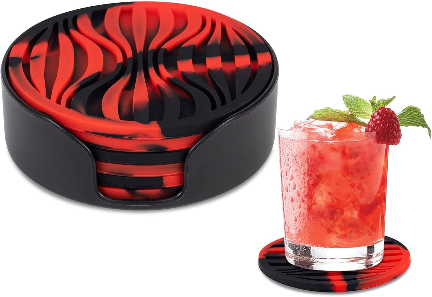 6 Pack Drink Coasters,Coasters for Drink with Holder,Non-Slip Silicone Cup Mat,Rubber Coaster Live for Hot or Cold Drink,Fits Any Size of Cups(Black Red)