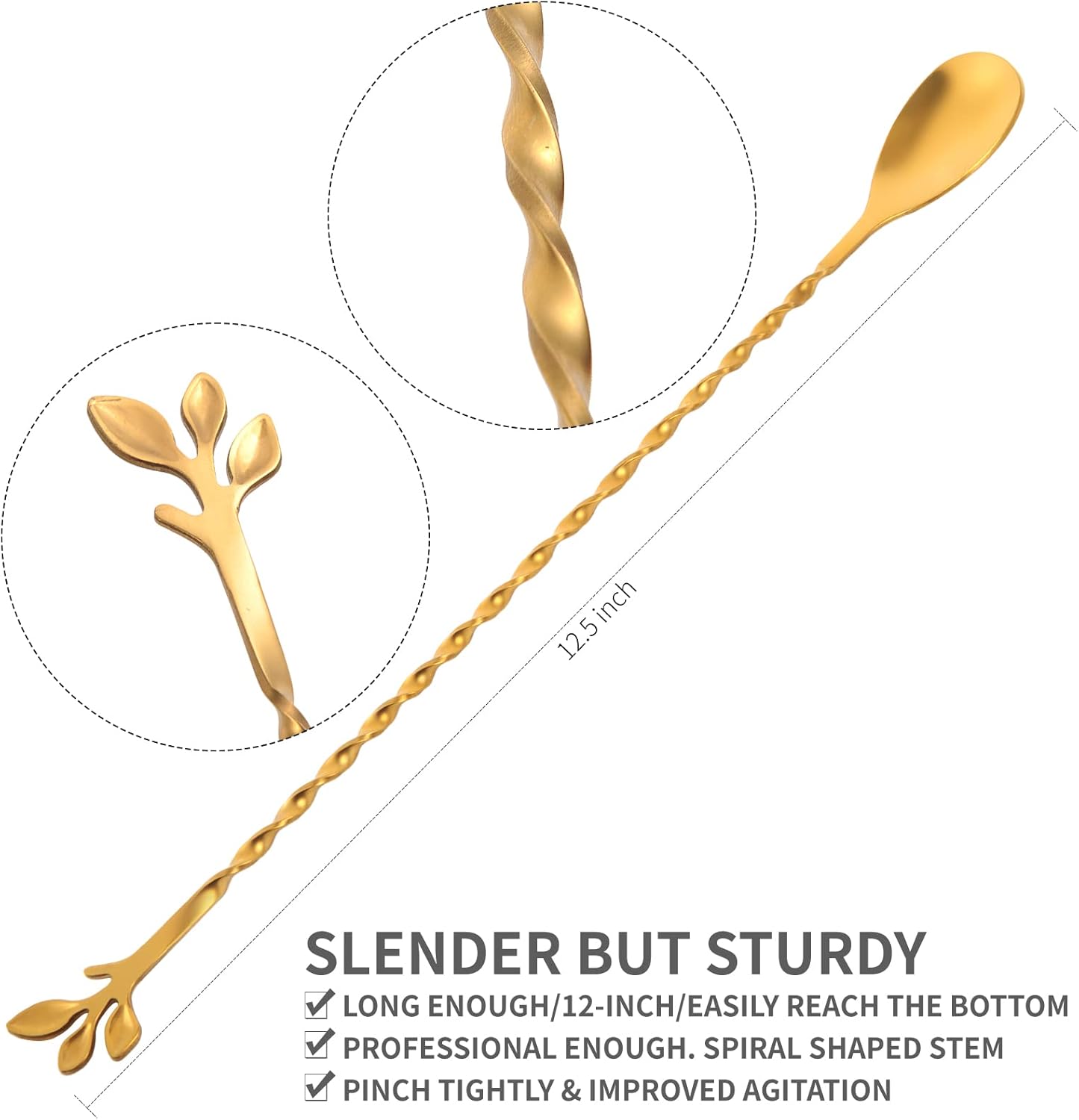 AnSaw Gold 12-Inch Stainless Steel Cocktail Spoon with Leaf Handle - Perfect for Mixing & Layering Drinks in Tall Cups, Bar & Shakers - Durable Long Handle Bar Stirrer,2-Pieces