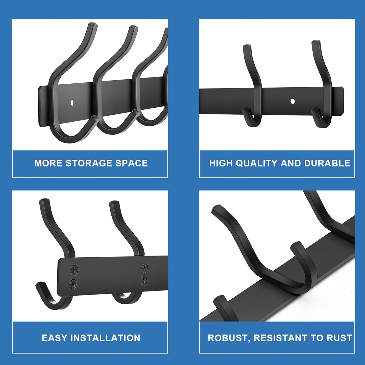 Wall Hooks Heavy Duty, 12 Inch Coat Rack Wall Mount with 4 Hooks, Black Wall Hooks for Entryway, Bathroom - for Hanging Backpack, Bag, Coat, Purse, Hat, Towel, Clothes,2 Packs