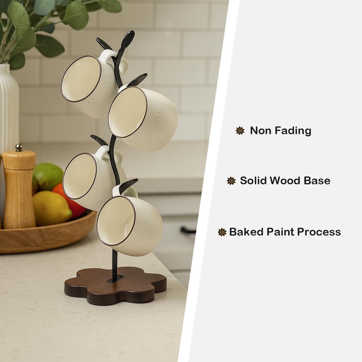 Mug Tree for Coffee Cups – Rustic Mug Holder Stand with 4 Hooks, Countertop Cup Rack for Coffee Bar & Kitchen Organization