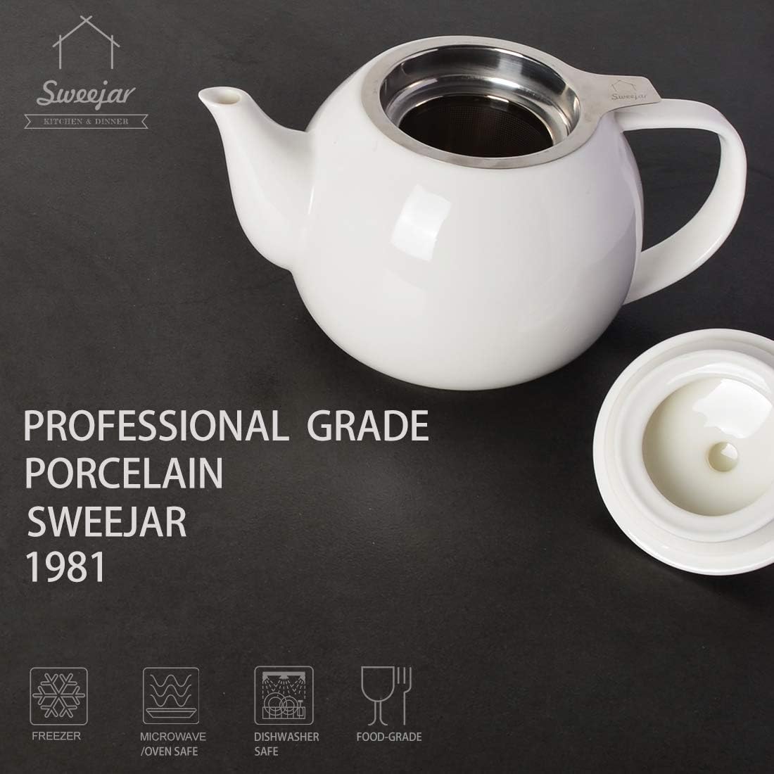 Sweejar Porcelain Teapot with Removable Stainless Steel Infuser,Microwave & Dishwasher Safe Tea Pots for Loose Tea,Tea Infuser Pots for Chrismas Women Gift (30oz White)