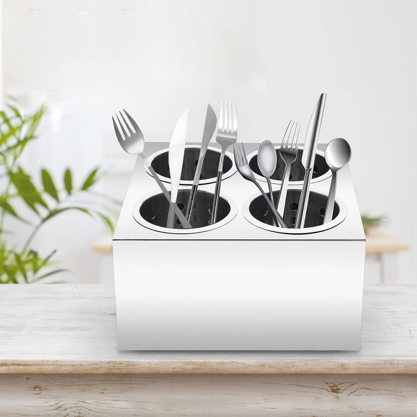 Stainless Steel Flatware Utensil Holder, Commercial 4-Hole Cylinder Silverware Organizer for Countertop Restaurant