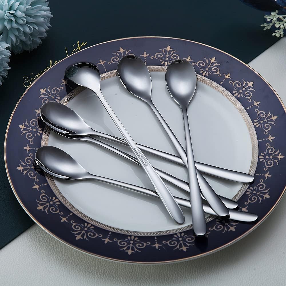 Premium Stainless Steel Coffee Stirrer Set, Long Handle, Ice Tea & Cream Spoons, Cocktail Stirrer - Set of 6 (Silver)