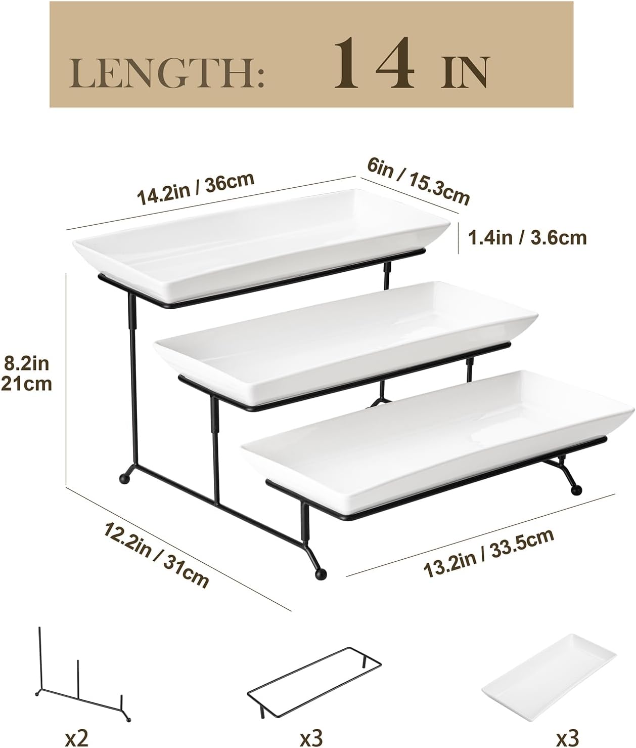 MALACASA 3 Tier Serving Tray, Porcelain Tiered Cupcake Stand, Ceramic Elevated Serving Platter with Collapsible Sturdier Rack,Series PLAT (White, 14 Inch)