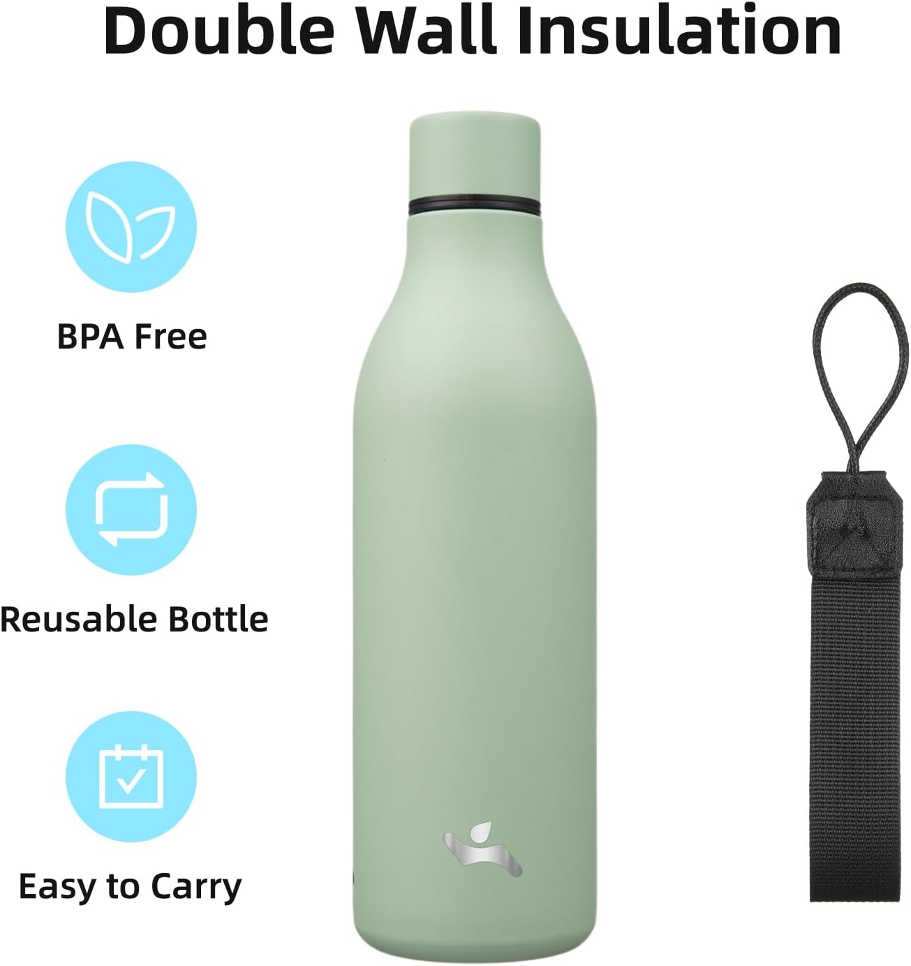 Insulated Water Bottle with Strap,25 oz Double Wall Stainless Steel Vacuum Bottles Metal Water Flask,Macaron Green