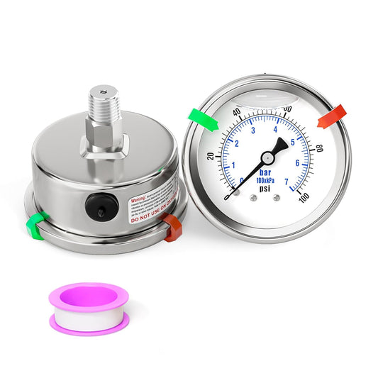 0-100PSI Stainless Steel Liquid Filled Pressure Gauge, 2.5" Dial Size, 1/4" NPT 316 Stainless Steel Joint, Back Mount, for Tube, Water Pump, Gas, Liquid (with Range Mark Pointer)