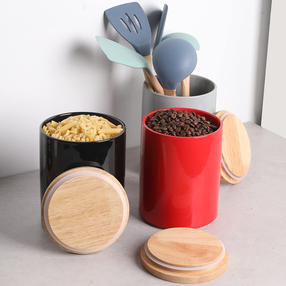 Sweejar Kitchen Canisters Ceramic Food Storage Jar, Stackable Containers with Airtight Seal Wooden Lid for Serving Coffee Bean, Flour, Tea, Cookies and More - 73 Fl Oz(Gray)