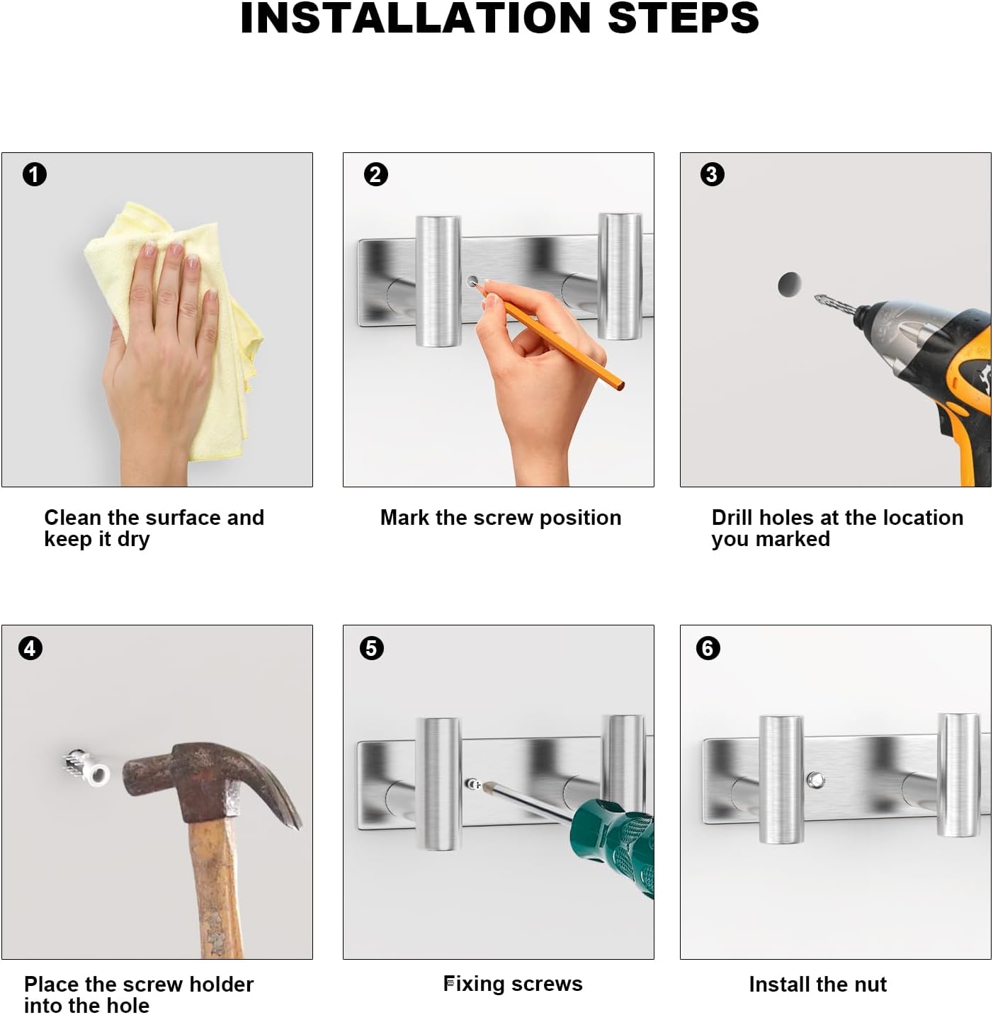 VAEHOLD Silvery Hat and Coat Wall Mount Rack - 5 Hooks for Robes, Bags, Keys, and Towels - Bathroom Towel Hanger Organizer (2 Pack)