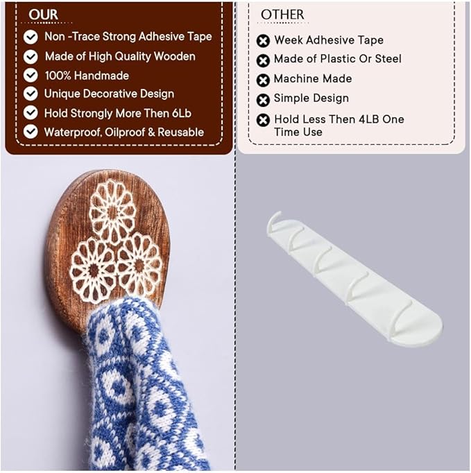 Indian Shelf 6 Lb- 6 Pieces Decorative Wood Adhesive Wall Hooks–Boho Peel and - Image 4