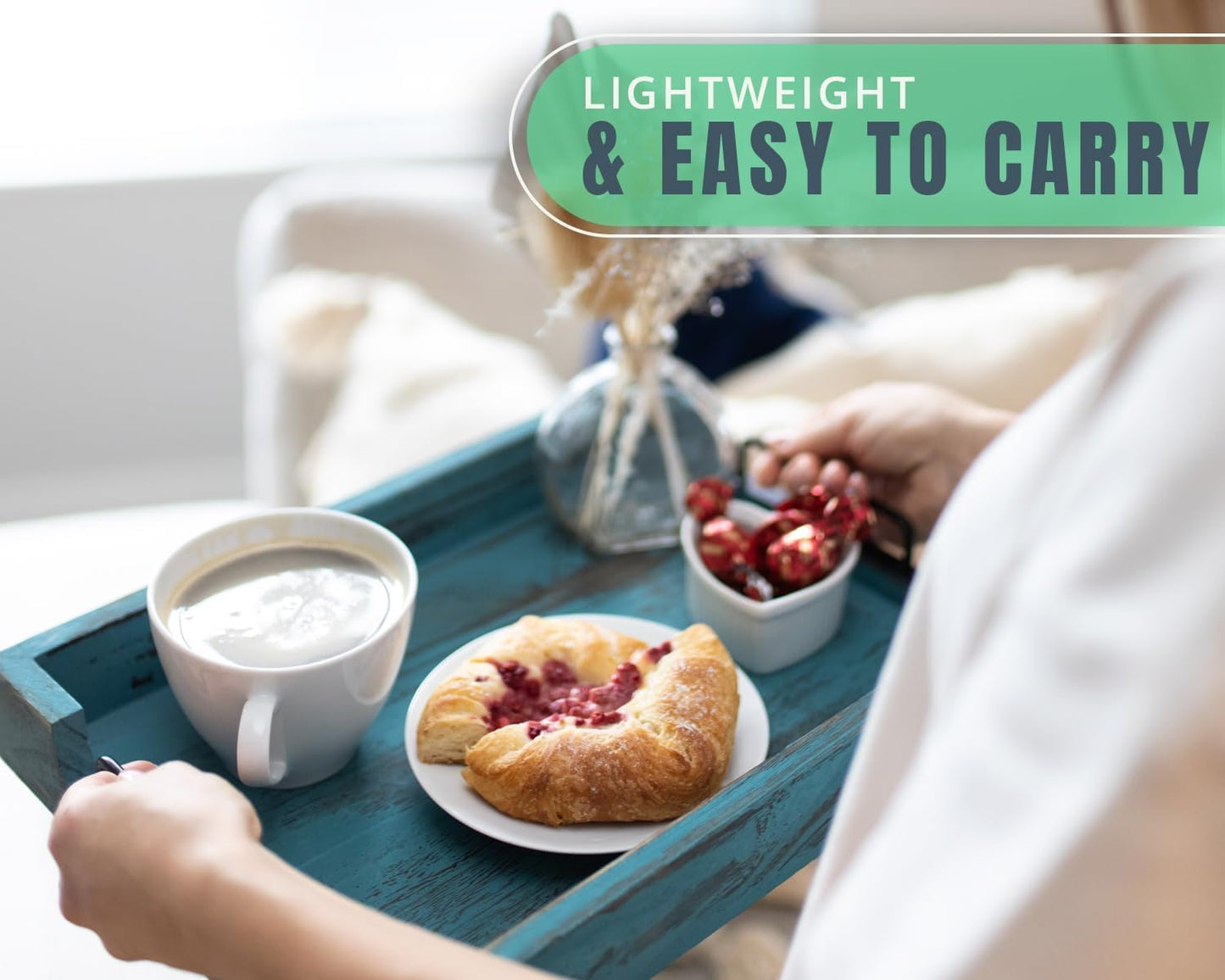 Rustic Wooden Serving Trays with Handle - Set of 2 - Large and Small, Nesting Multipurpose Trays - for Breakfast, Coffee Table/Butler & More - Rustic Blue