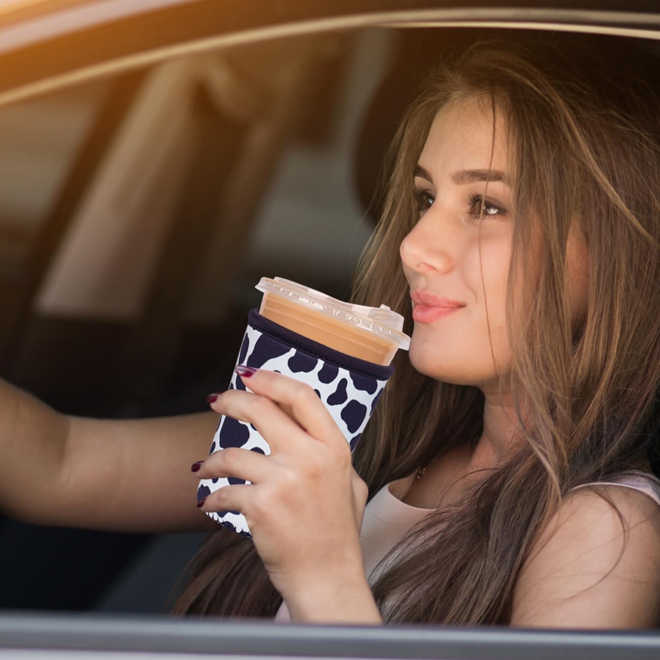 Reusable Insulated Neoprene Iced Coffee Cup Sleeve, Durable Drink Sleeve for Cold Beverages, Beverage Holder for Iced Coffee, Cowprint Chic