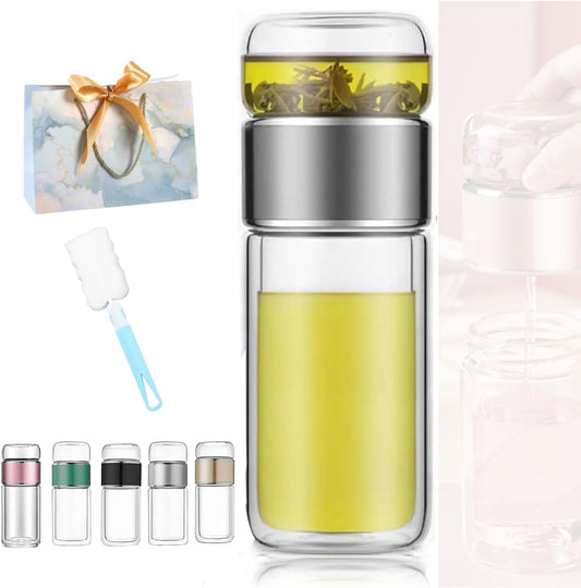 Tryteava Glass Infuser, Tryteava 3-in-1 Smart Tea Infuser, Portable Glass Double Wall Tea Infusers Bottle, with Stainless Steel Filter, Hot & Cold Brew, For Loose Leaf, Office Home (Silver, 350ml)