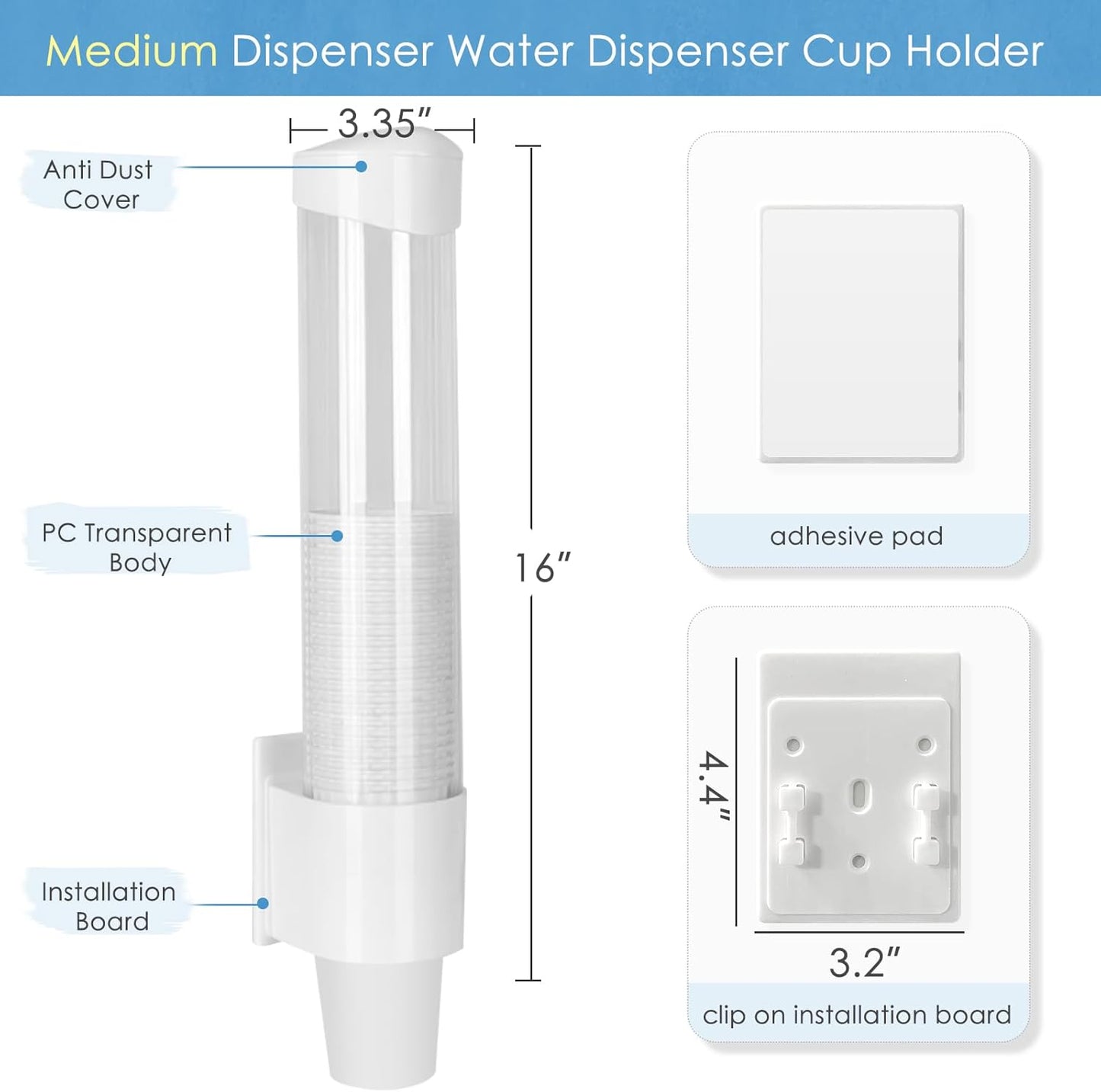 Cup Dispenser Medium Pull Type, Paste or Screw Plate Mountable Cup Holder, Fits 5oz - 7oz Cone or Flat Bottom Cups, 16” Tube Length, Mounting Water Dispenser Cooler or Wall (Medium, White)