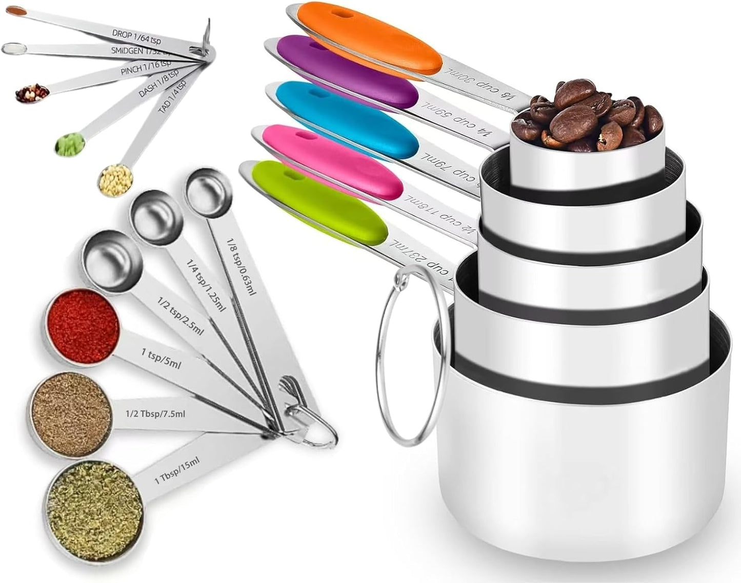 Stainless Steel Measuring Cups and Spoons Set of 16, 5 Measuring Cups with Colored Silicone Handles, 6 Nesting Spoons, 5 Mini Spoons, Kitchen Gadgets for Cooking & Baking, Dry and Liquid Ingredients