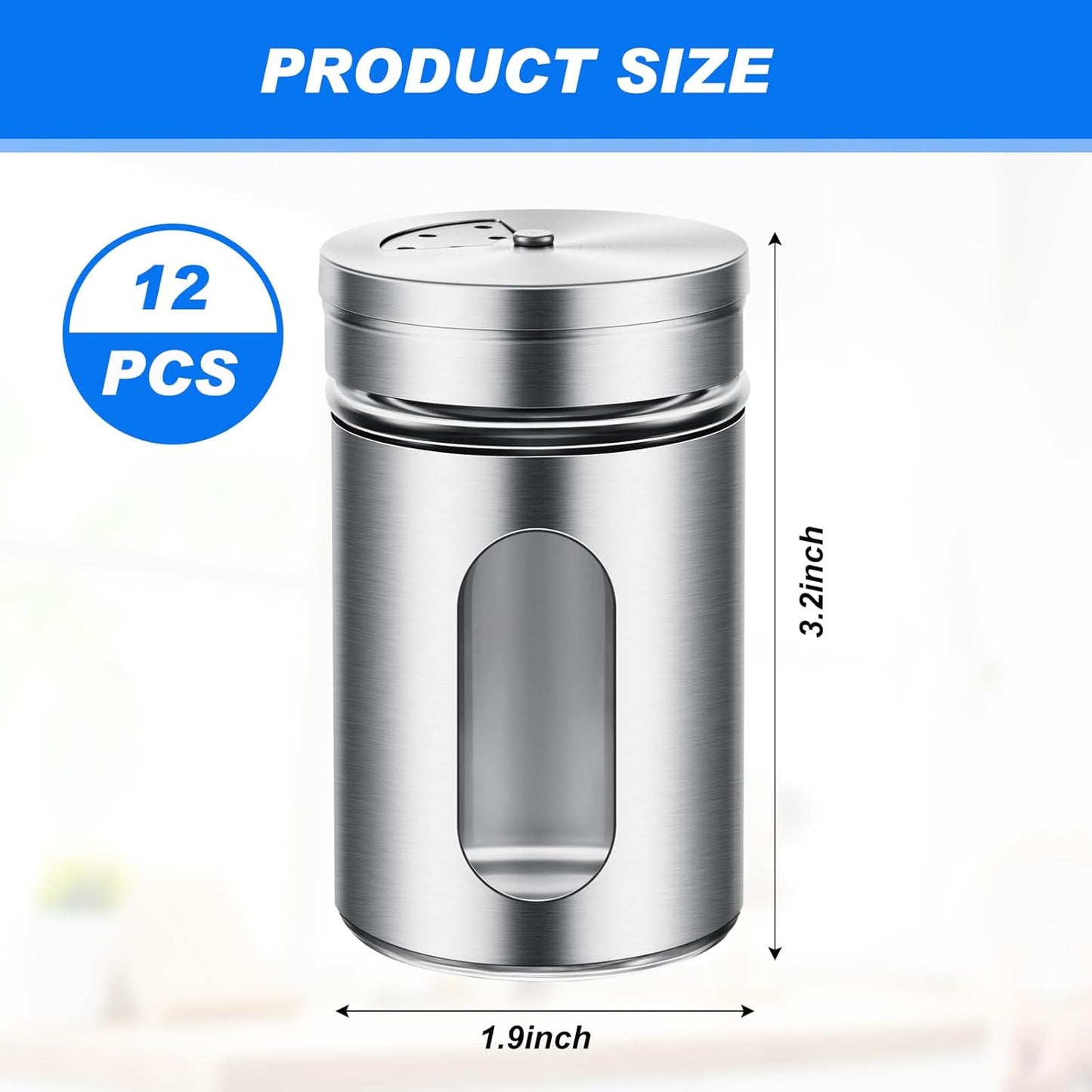 Dandat 12 Pcs Salt and Pepper Shakers Stainless Steel Spice Shakers with Adjustable Pour Holes and Glass Window 3.4oz Salt Dispenser Spice Jars with Rotating Lids for Sugar Seasoning Home