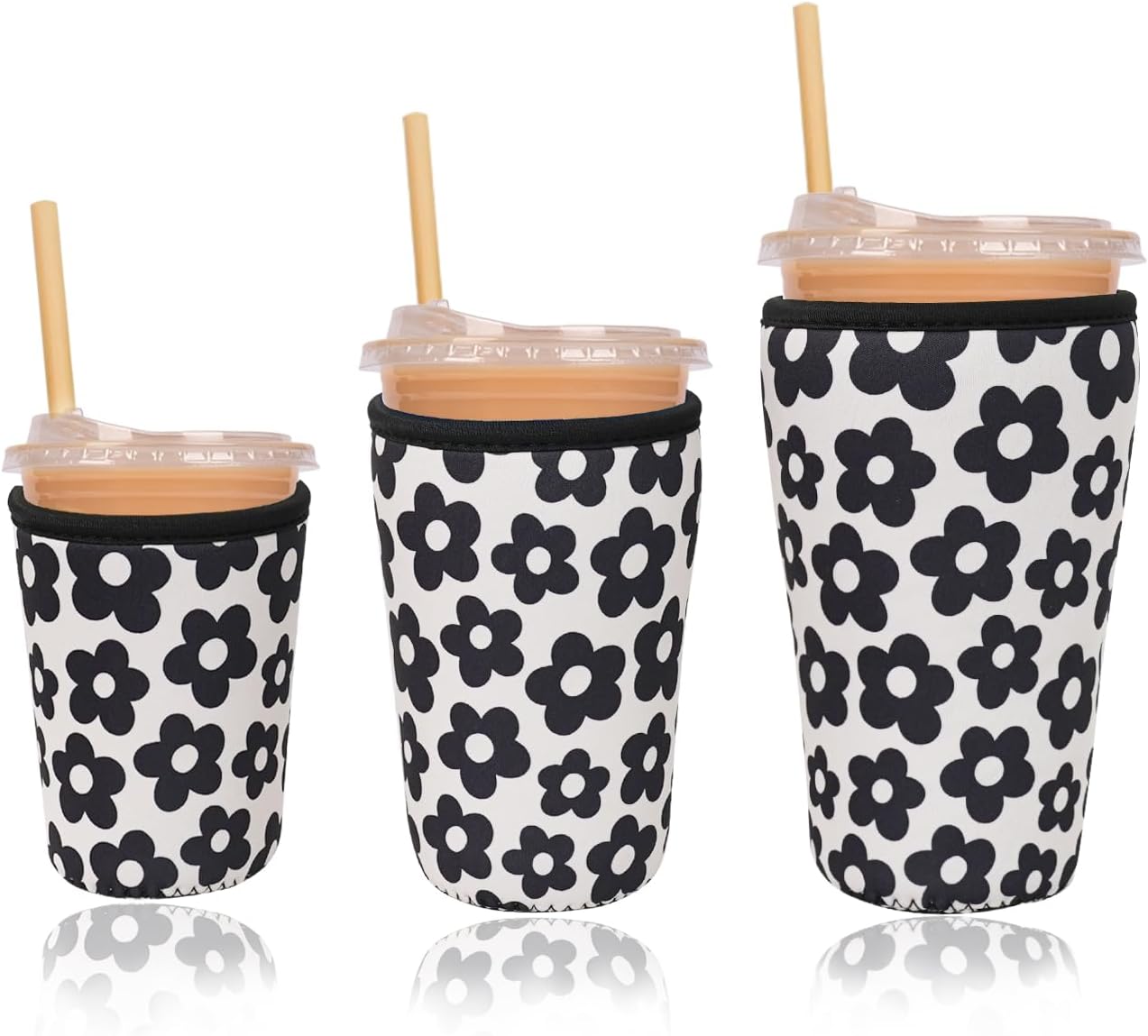 Reusable Insulated Neoprene Iced Coffee Cup Sleeve, Durable Drink Sleeve for Cold Beverages, Beverage Holder for Iced Coffee, Black Flowers