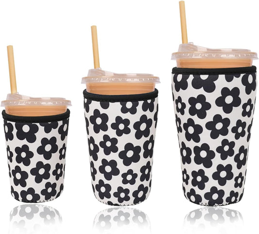 Reusable Insulated Neoprene Iced Coffee Cup Sleeve, Durable Drink Sleeve for Cold Beverages, Beverage Holder for Iced Coffee, Black Flowers