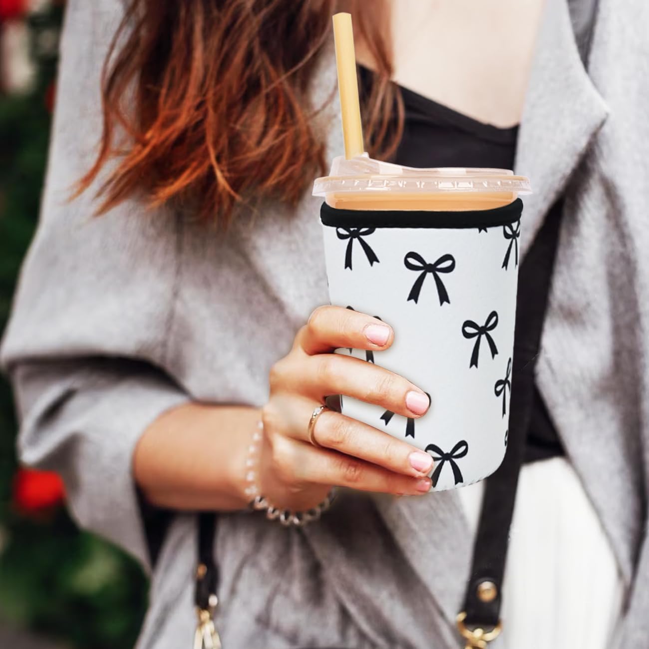 Reusable Insulated Neoprene Iced Coffee Cup Sleeve, Durable Drink Sleeve for Cold Beverages, Beverage Holder for Iced Coffee, Black Bow