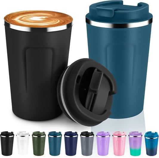 Volhoply 12 oz Double Wall Insulated Vacuum Travel Coffee Mug with Flip Lid Bulk 2 Pack,Reusable Stainless Steel Leak Proof Coffee Cup,Portable Thermal Tumbler for Cold&Hot Drinks(Assort Color,2 Set)