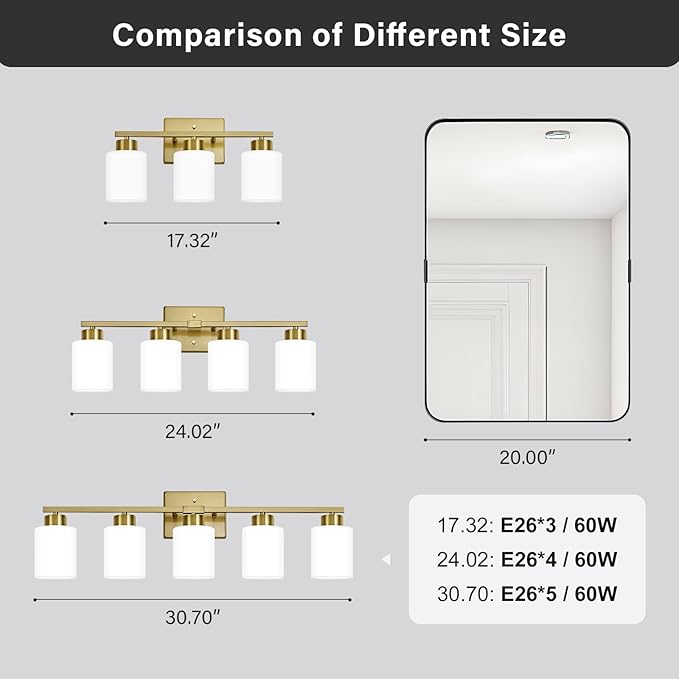 FonmYim Brushed Gold Bathroom Light Fixtures, 3-Light Modern Vanity Light Over - Image 8