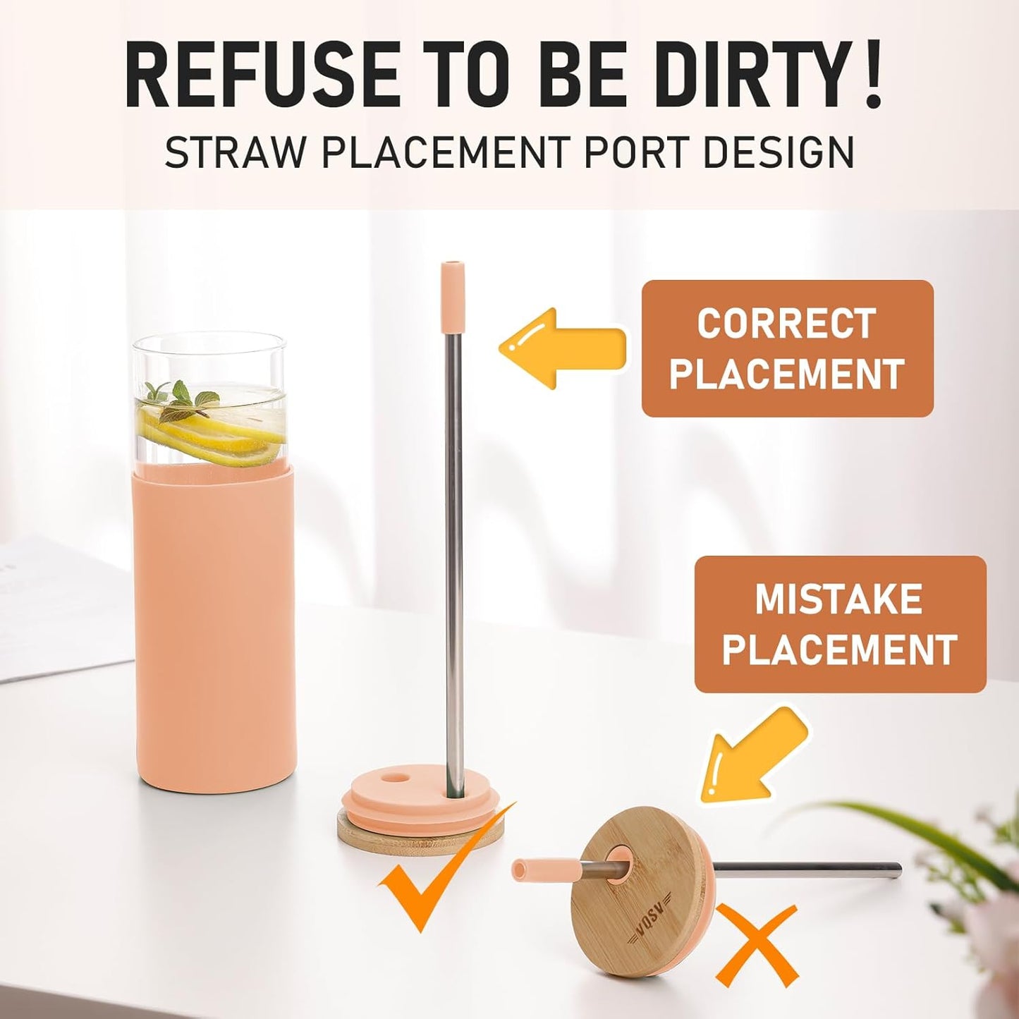 Glass Tumbler w/Lids & Straw - 24oz Reusable Glass Mug/Bamboo Lid & Stainless Steel Straw-BPA-Free,Leak-Proof,Dishwash Safe for Coffee/Smoothies/Hot Beverages, Travel/Office/Home Use,2-pk,Amber