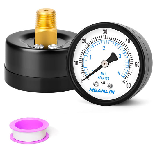 MEANLIN MEASURE 0-60Psi Well Pump Pressure Gauge 1/4" NPT 2" FACE DIAL for Pool Filter Pump Water Oil Air Compressor Tire Pressure Tester Back Mount, with Teflon Tape