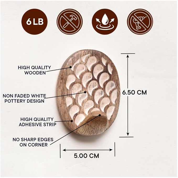 Indian Shelf 6 Lb- 6 Pieces Decorative Wood Adhesive Wall Hooks–Boho Peel and - Image 7