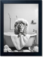 Framed Black and White Animal Bathroom Wall Art Funny Lion in tub Bathroom by Melpa+Art