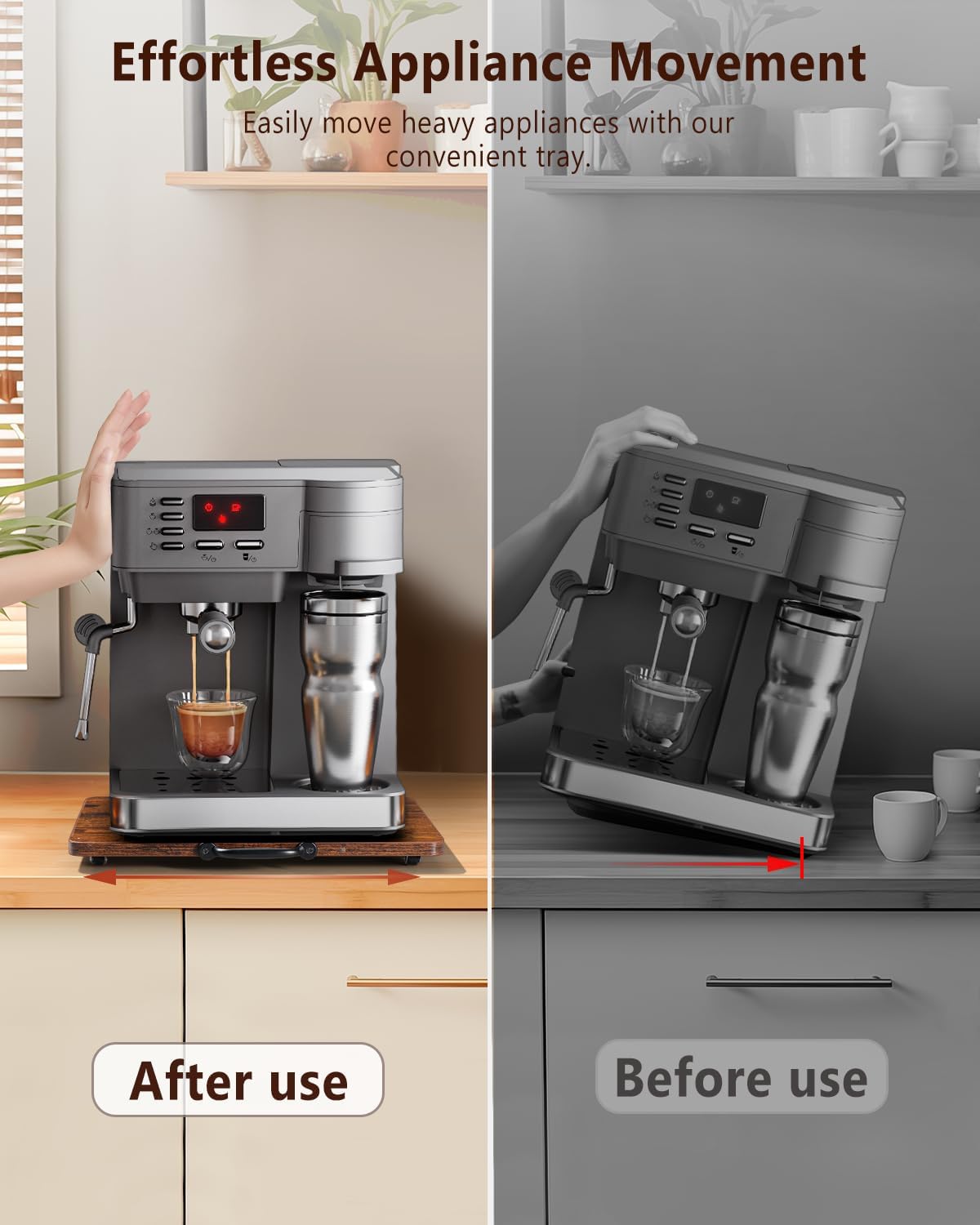 Appliance Slider, Sliding Tray for Coffee Maker, Coffee Pot Slider for Countertop, Kitchen Appliance Rolling Tray with Rubber Wheels (Rustic Brown, Large - Wide (16" X 12.5"))