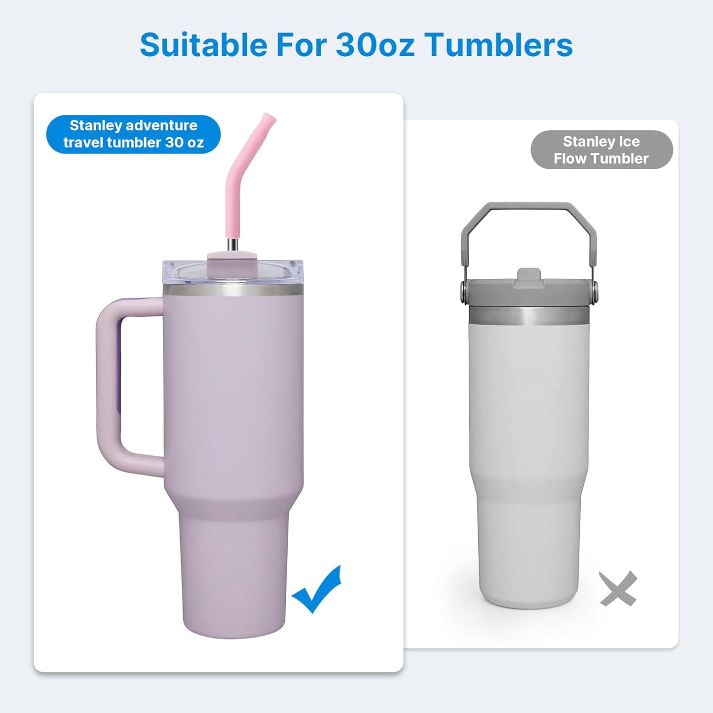 Repeatable Metal Straw with Silicone Tips for 30 oz Stanley Tumbler, 2 Pcs 30 oz Stainless Steel Straws Replacement for Stanley Tumbler, 1 Straw Brush, BPA Free（Mallow Purple）