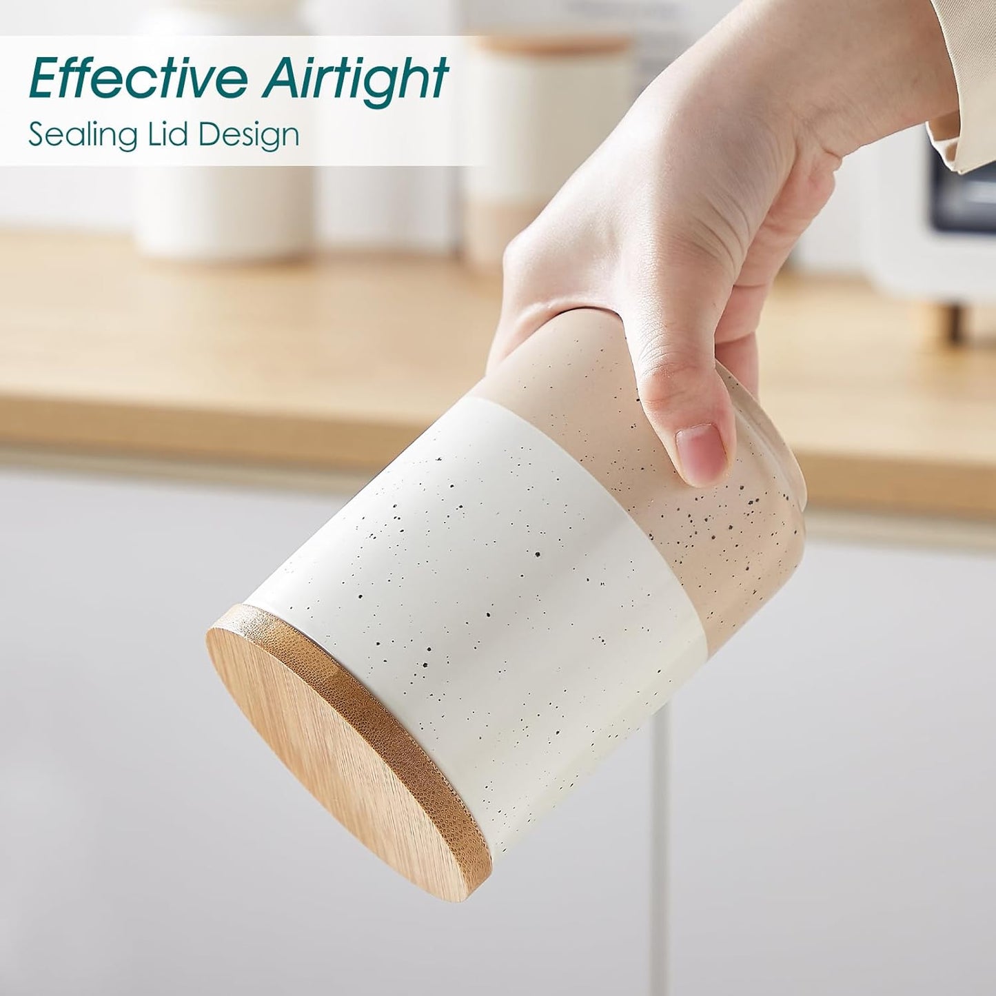 vancasso Sabine Ceramic Canister Set with Airtight Wood Lids - 4-Piece Small Kitchen Storage for Coffee, Sugar, Tea & Spices (18 oz Each) - Compact Countertop Jars