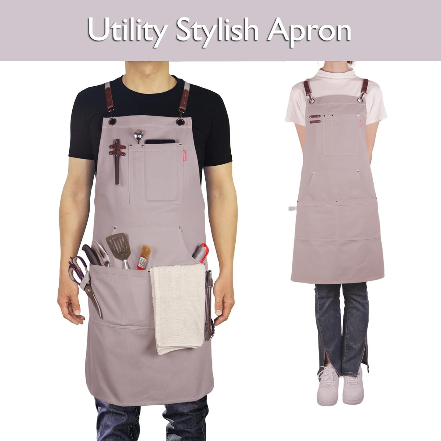 Kitchen Apron, Work Apron, Canvas, Multiple Pockets, Gardening, Painting, BBQ, Artist, Carpenter, Sizes M to XXL, Grey