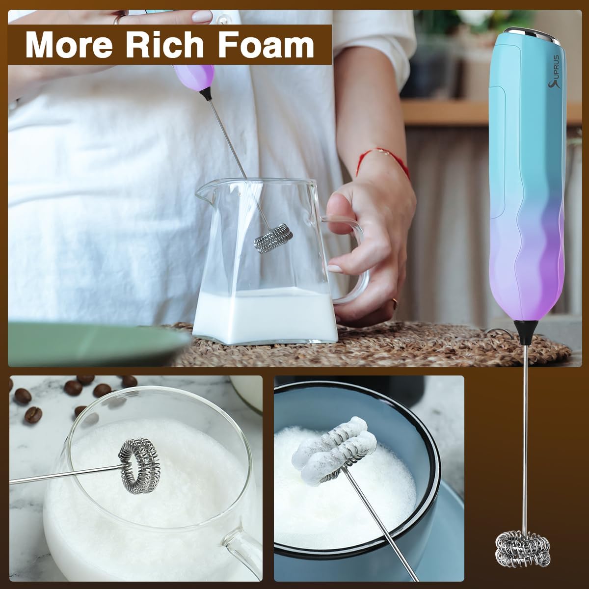SUPRUS Ultra Fast Handheld Milk Frother Double Whisk with Stand 2 Batteries Stainless Steel for Lattes Cappuccino Matcha Hot Chocolate Coffee Bar Accessories Kitchen Gadgets Gift