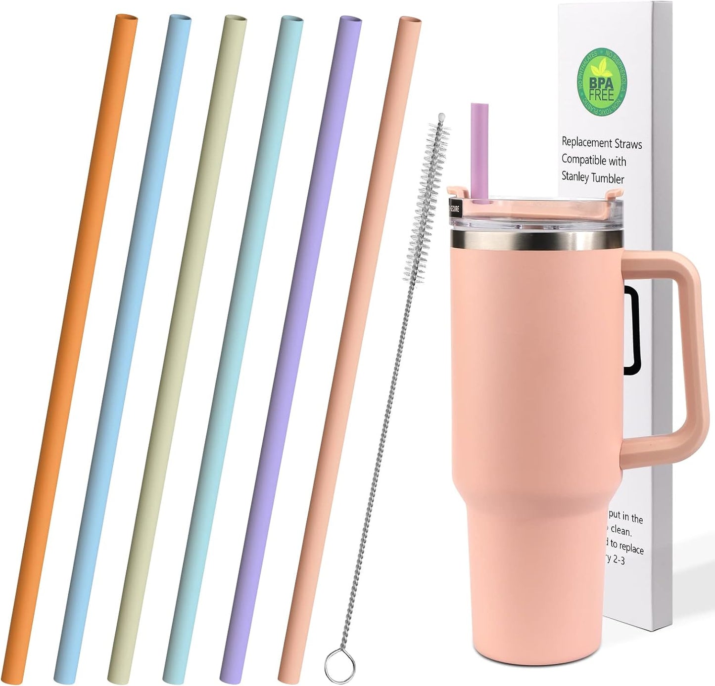 AIERSA 6 Pack Pastel Colors Straw for 40oz Stanley Cup with Handle,Reusable Silicone Straws Compatible Stanley 20 30 40oz Tumbler,Long Straw with Cleaning Brush for Stanley Cup Accessories