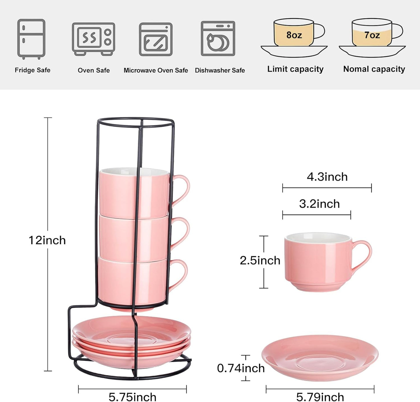 YOLIFE 8oz Porcelain Stackable Cappuccino Cups with Saucers and Metal Stand Set of 4, Coffee cups for Espresso, Specialty Coffee Drinks, Latte, Americano and Tea - Pink