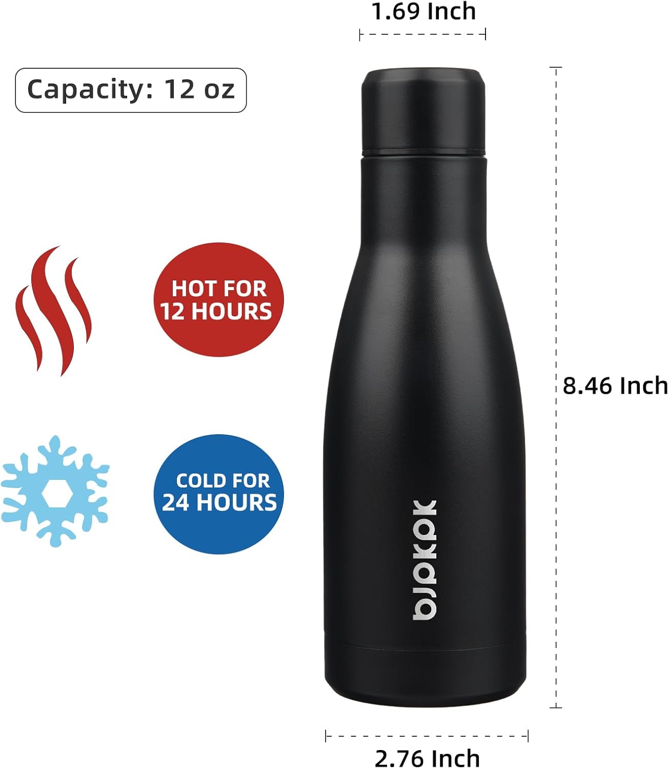 BJPKPK 12oz Water Bottles Stainless Steel Double Wall Vacuum Insulated Small Water Bottles for Travel,Midnight Black