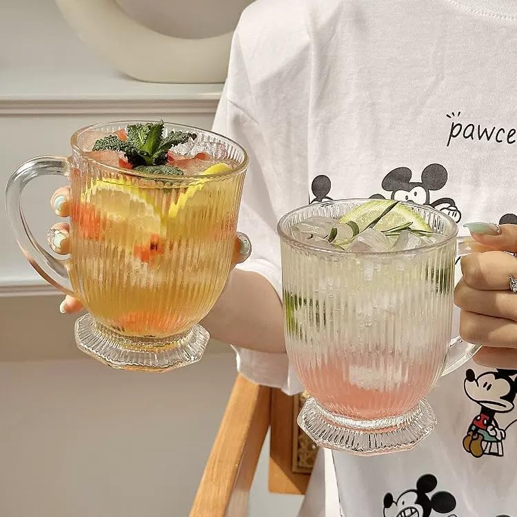 Clear Ribbed Glass Coffee Mugs Set of 4 with Spoon,16 Oz Large Glass Tea Cups with Handle Diner Latte Cups with Footed Base for Hot Beverages,Cappuccino & Espresso Cups, Stylish Drinkware