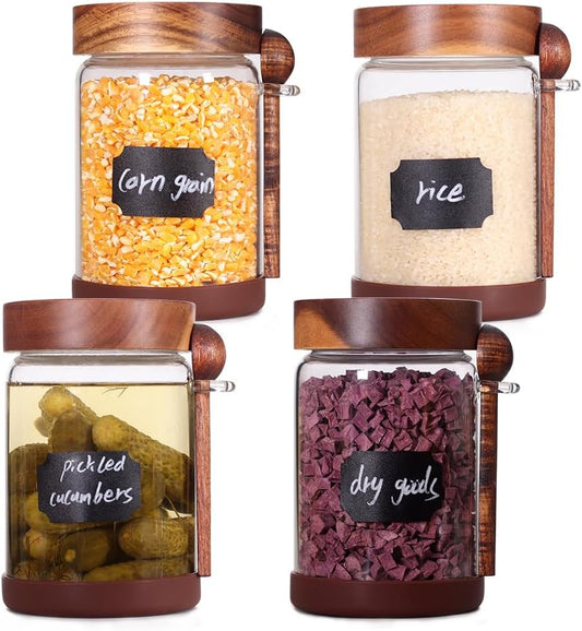 SAIOOL High Bprosilicate Glass 4 Pack Spice Jars with Label and Spoons,Overnight Oats Containers with Acacia Airtight Lids,Glass Food Storage Jars, Coffee Bar (Acacia 29.6 OZ*4)
