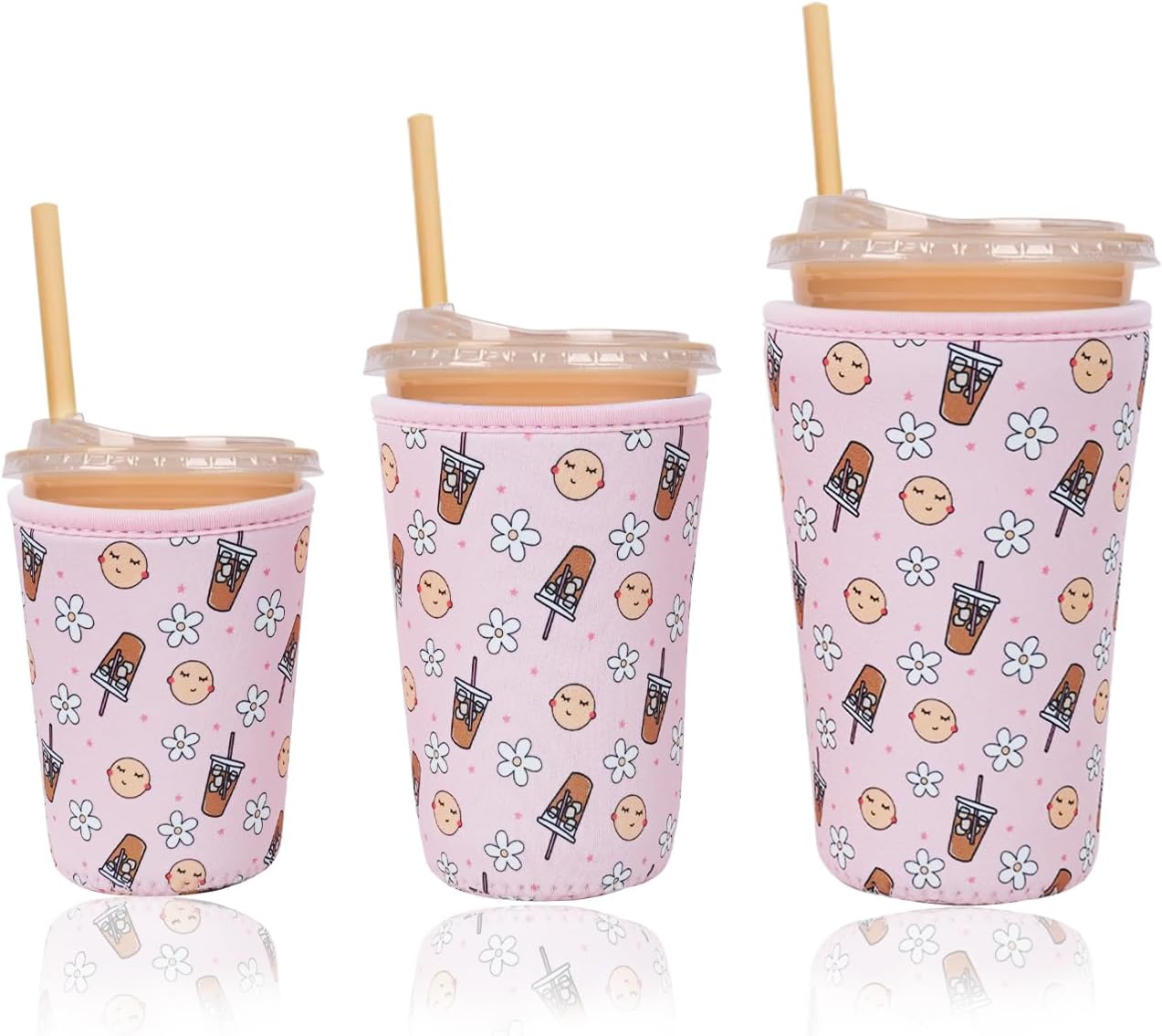 Reusable Insulated Neoprene Iced Coffee Cup Sleeve, Durable Drink Sleeve for Cold Beverages, Beverage Holder for Iced Coffee, Pink Coffee