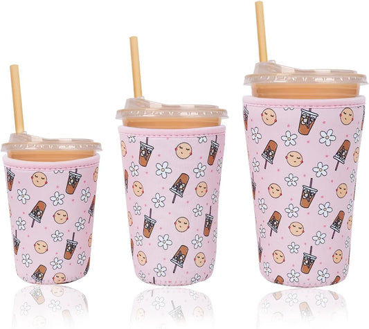 Reusable Insulated Neoprene Iced Coffee Cup Sleeve, Durable Drink Sleeve for Cold Beverages, Beverage Holder for Iced Coffee, Pink Coffee