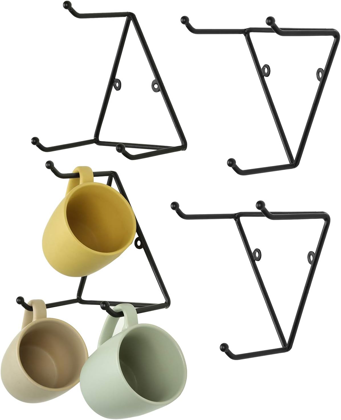 MyGift Matte Black Metal Triangular Coffee Mug Holder Wall Mount Display Rack Mug Organizer with 3 Hooks, Set of 4