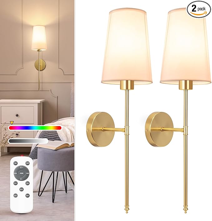 NIORSUN Gold Battery Operated Wall Sconce Set of 2, Rechargeable Wall Lights by NIORSUN