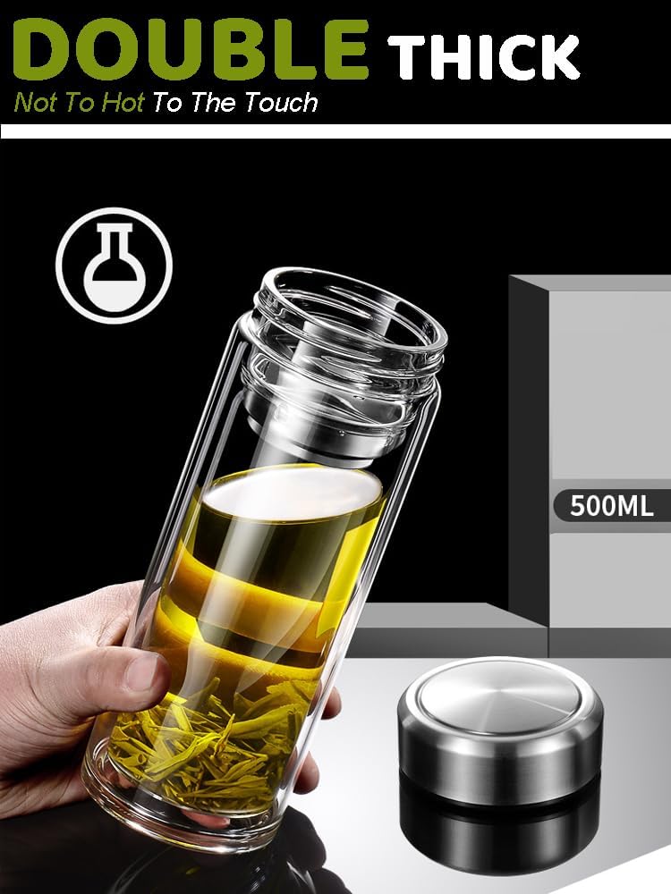 17oz Tea Tumbler with Infuser, 500ml Double Wall Borosilicate Glass Tea Bottle 100% Leak-Proof with 2 in 1 Stainless Steel Filter