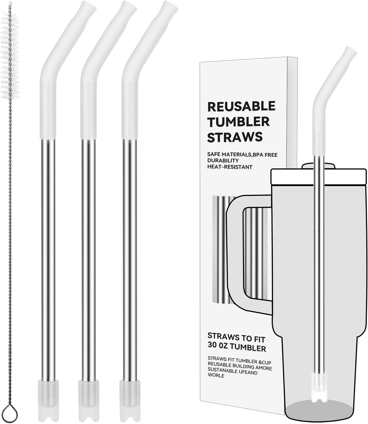 Reusable Metal Straws with Silicone Tip for Stanley 30oz,Stainless Steel Drinking Straws for 30oz Tumbler,3 Straight Tubes & 6 Tips& 1 Cleanr Brush (Transparent)
