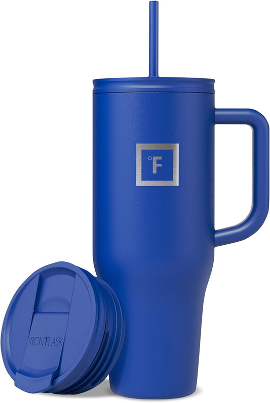 IRON °FLASK Co-Pilot Insulated Mug w/Straw & Flip Cap Lids - Cup Holder Bottle for Hot, Cold Drink - Leak-Proof - Water, Coffee Portable Travel Mug - Cobalt Blue, 40 Oz