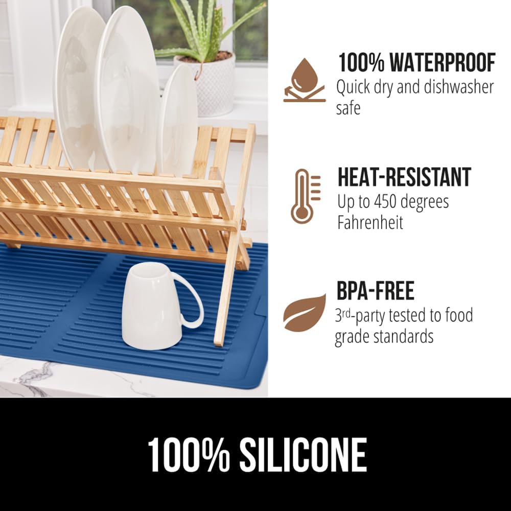 GORILLA GRIP 100% BPA-Free Patented Silicone Dish Drying Mat for Kitchen Counter, 18x16 Inch, Water Catching Ribbed Design, Easy Clean Waterproof Sink Liner, Heat Resistant, Fits Under Rack, Blue