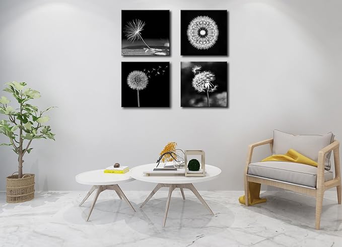 weiyiart Black and White Floral Wall Art, Dandelion Canvas Painting Prints - Image 3