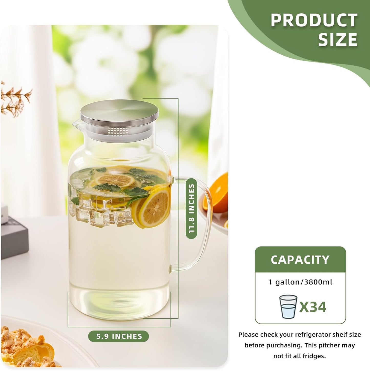 Glass Pitcher, 1 Gallon/3.8L Glass Water Pitcher with Lid and Spout, Heat/Cold Resistant Borosilicate Glass Water Carafe for Coffee, Juice and Homemade Beverage