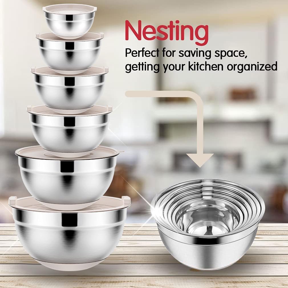 Mixing Bowls Set with Airtight Lids: 20PCS Stainless Steel Nesting Bowls - Size 7, 4, 3, 2, 1.5, 1QT Bowls with 3 Grater Attachments & Non-Slip Bottoms for Baking & Prepping